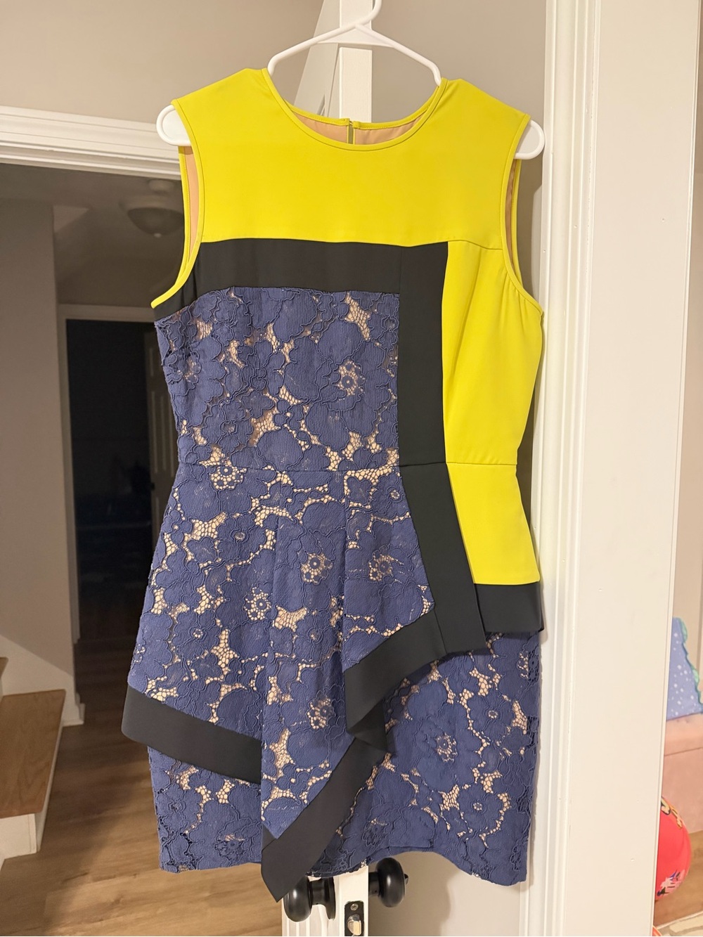 BCBGMaxAzria Yellow, Navy and Black Asymmetrical Lace Dress